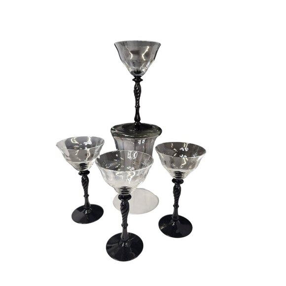 Luminarc Black Twisted Stem Cocktail Glasses Set of 4 Vintage 6 oz Clear Bowl El - Picture 2 of 6